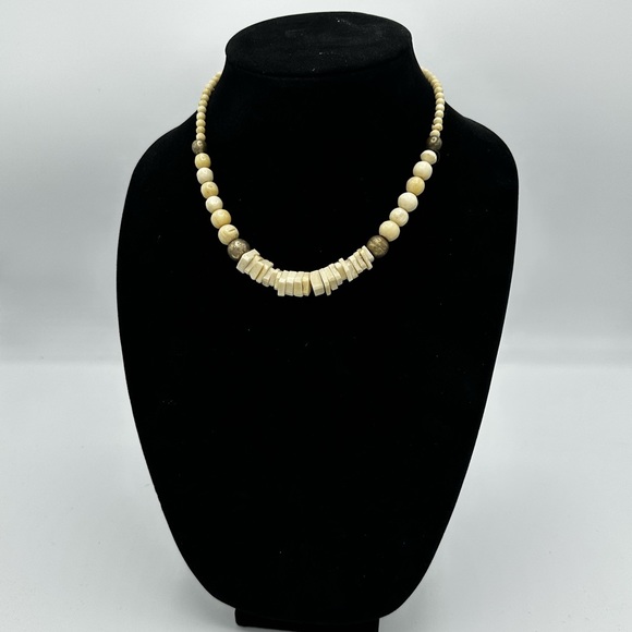 Vintage 60s Bone and Horn Bead Necklace, Brass Hardware - Picture 2 of 5